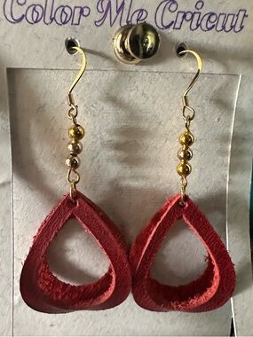 Red Leather Teardrop Earrings with Gold Beads